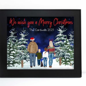 Ilustración personalizada de retrato familiar de Navidad - Dibujo de dibujos animados en acuarela con mascotas - Digital Print Wall Art para regalo, tarjetas, vacaciones