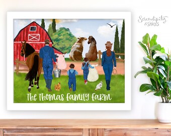 Farmhouse Family Portrait Illustration - Personalized Drawing w/ Pets - Digital Print  or Wall Art - Farm Life - Custom Gift