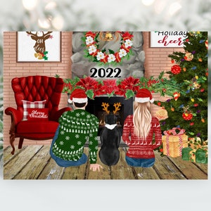 Personalized Christmas Family Portrait Illustration - Custom Watercolor Cartoon Drawing w/Pets - Digital Print or Cards with Envelope