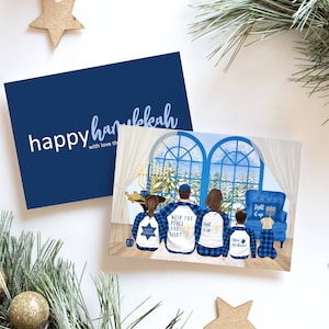 Personalized Hanukkah Family Portrait Illustration - Custom Watercolor Cartoon Drawing With Pets - Digital Print Or Card With Envelope