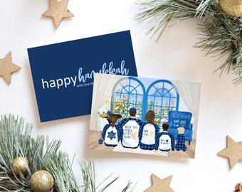 Personalized Hanukkah Family Portrait Illustration - Custom Watercolor Cartoon Drawing With Pets - Digital Print Or Card With Envelope