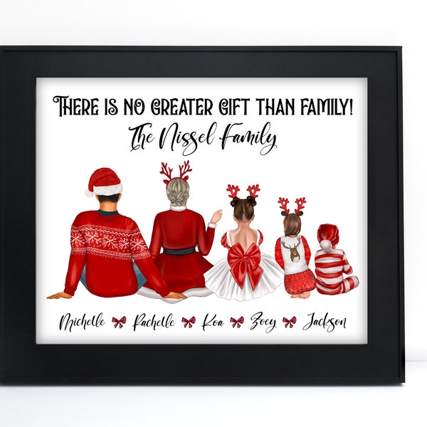 Personalized Christmas Family Portrait Illustration - Watercolor Cartoon Drawing with Pets - Digital Print Wall Art for gift, cards, holiday