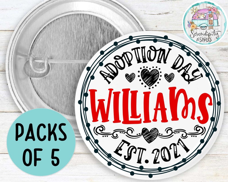 5er Pack Adoptionstag Doodle Pin-Back Buttons Adoptionsdatum Personalisiert Pflege Adoptionsgeschenk Adoptionsgeschenk Bild 3