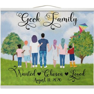 Ilustración personalizada de retratos familiares - Dibujo de dibujos animados en acuarela con mascotas - Arte de pared impreso digital para madres, cumpleaños, adopción