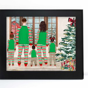 Ilustración personalizada de retrato familiar de Navidad - Dibujo de dibujos animados en acuarela con mascotas - Impresión digital Regalo de arte de pared para mamá abuelo
