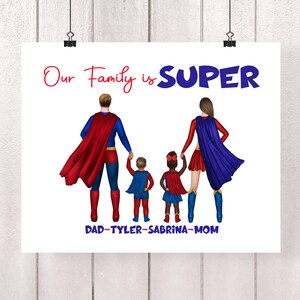 Ilustración personalizada de retrato familiar de superhéroes - Dibujo de dibujos animados en acuarela con mascotas - Arte de pared impreso digital para regalo, adopción, mamá
