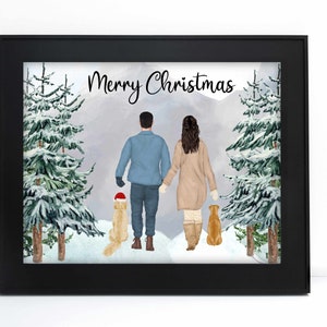 Ilustración personalizada de retrato familiar de Navidad - Dibujo de dibujos animados en acuarela con mascotas - Arte de pared impreso digital para regalo Nueva pareja
