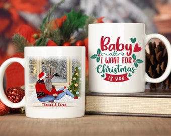 Christmas Couple Mug - Portrait Watercolor Drawing - Christmas Gift for couple - wife - husband - Custom Holiday Coffee Mug