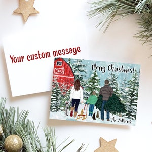 Personalized Christmas Family Portrait Illustration Custom Watercolor Cartoon Drawing with Pets Digital Print or Card with Envelope image 2