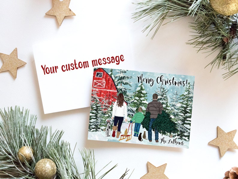 Personalized Christmas Family Portrait Illustration Custom Watercolor Cartoon Drawing with Pets Digital Print or Card with Envelope image 2