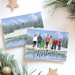 Personalized Christmas Family Portrait Illustration - Custom Watercolor Cartoon Drawing With Pets - Digital Print Or Card With Envelope