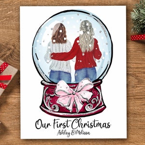 Ilustración personalizada de retrato familiar de Navidad Globo de nieve - Dibujo de dibujos animados en acuarela con mascotas - Parejas Primera Navidad