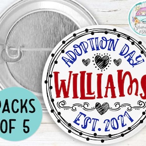 5er Pack Adoptionstag Doodle Pin-Back Buttons Adoptionsdatum Personalisiert Pflege Adoptionsgeschenk Adoptionsgeschenk Bild 1