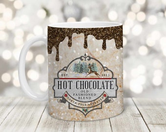 Christmas Hot Chocolate Mug - Glitter - Old Fashion Blend Hot Chocolate Label - Christmas Eve Gift - Christmas Mug - Holiday Gift