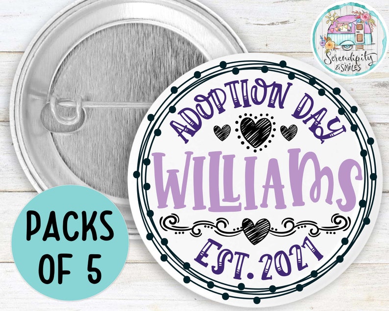 Pack Of 5 Adoption Day Doodle Pin-Back Buttons Adoption Date Personalize Foster Care Adoption Gift Adoption Family Party Favor image 2