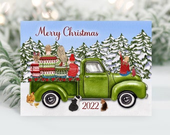 Christmas Truck Family Portrait Illustration - Custom Watercolor Drawing with Pets - Digital Print Or Card With Envelope