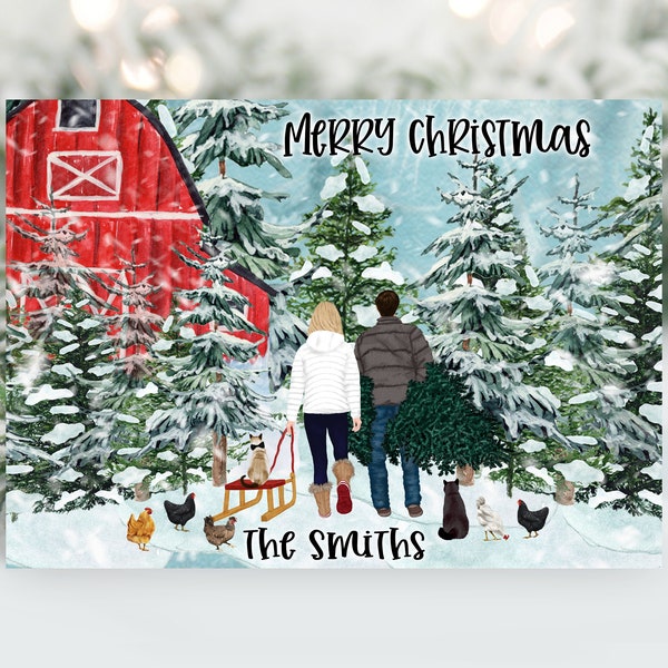 Personalized Christmas Family Portrait Illustration - Custom Watercolor Cartoon Drawing with Pets - Digital Print or Card with Envelope