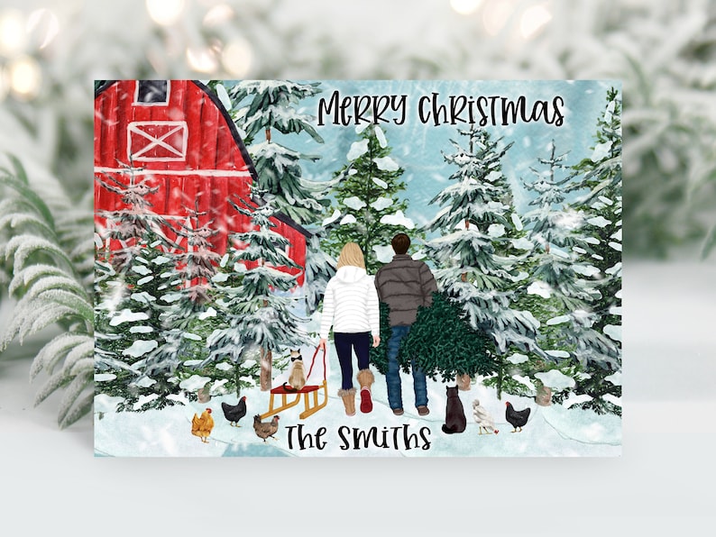 Personalized Christmas Family Portrait Illustration Custom Watercolor Cartoon Drawing with Pets Digital Print or Card with Envelope image 1