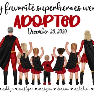 Ilustración personalizada de retrato familiar de superhéroes - Dibujo de dibujos animados en acuarela con mascotas - Arte de pared impreso digital para regalo, adopción, mamá