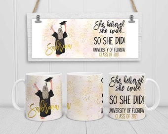 Graduation Coffee Mug - She Believed She Could So She Did - Portrait Watercolor Drawing - Graduation Gift - Pink and Glitter - Personalized