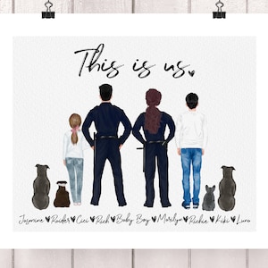 Ilustración personalizada de retratos familiares - Dibujo de dibujos animados en acuarela con mascotas - Impresión digital Arte de pared para regalo, decoración del hogar, cumpleaños