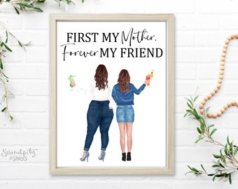 Mother and Daughter Portrait Illustration - Personalized Mother Daughter Gift - Digital Print  or Wall Art - Custom Mother's Day Gift