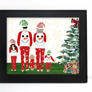 Ilustración personalizada de retrato familiar de Navidad - Dibujo de dibujos animados en acuarela con mascotas - Impresión digital Regalo de arte de pared para mamá abuelo