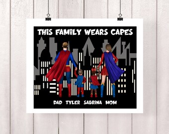 Personalized Superhero Family Portrait Illustration - Watercolor Cartoon Drawing with Pets - Digital Print Wall Art for Gift, Adoption, Mom