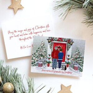 Personalized Christmas Couple Portrait Illustration - Custom Watercolor Cartoon Drawing With Pets - Digital Print Or Card With Envelope
