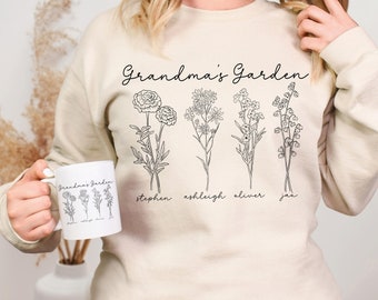 Grandma's Garden - Birth Month Line Art Flowers Graphic Tee - Hoodie - Long Sleeve Shirt - Mother's Day Shirt - Gift for Mom - Grandma