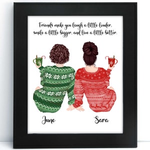 Gepersonaliseerde Kerst Beste Vrienden Portret Illustratie - Aquarel Cartoon Tekening met Huisdieren - Digitaal of Print - Beste Vriend Cadeau