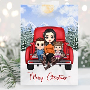 Personalized Christmas Family Portrait Cartoon Drawing with Pets - Digital Print or Cards with Envelope - Custom Cards - Gift Idea