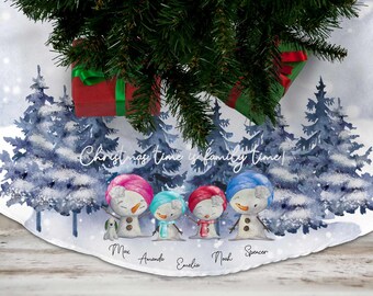 Personalized Tree Skirt - Snow Family - Christmas Tree Decor for the Home, Personalized Gift for a Family