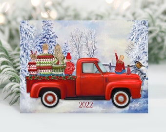 Christmas Truck Family Portrait Illustration - Custom Watercolor Drawing with Pets - Digital Print Your Own or Cards with Envelopes