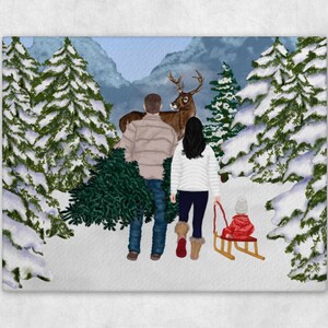 Ilustración personalizada de retrato familiar de Navidad - Dibujo de dibujos animados en acuarela con mascotas - Arte de pared impreso digital para regalo para mamá abuela