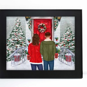 Ilustración personalizada de retrato familiar de Navidad - Dibujo de dibujos animados en acuarela con mascotas - Impresión digital Regalo de arte de pared para nueva pareja