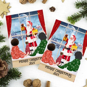 Personalized Christmas Family Portrait Illustration - Custom Watercolor Cartoon Drawing with Pets - Digital Print or Card with Envelope