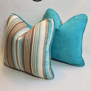 18x18  Down Feather Throw Pillow outdoor stripe teal two tone