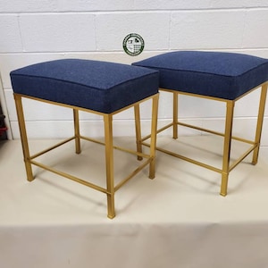 Gold framed bench ottoman Robert Allen Wool Chevron Navy Blazer herringbone 20x14x21