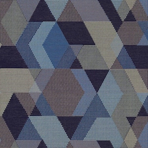 May include: Geometric pattern featuring triangles and diamonds in shades of blue, gray, and brown. The design incorporates various textures, including dotted and striped patterns, creating a visually complex and modern aesthetic.