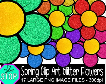 Glitter Spring Flower Clip Art: Colorful PNG Graphics (Commercial Use)