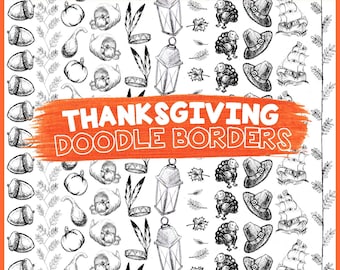 Thanksgiving Doodle Borders: Turkey, Cornucopia, Mayflower (Commercial Use Digital)
