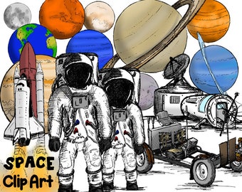 Hand Drawn Space Clipart: Astronauts, Planets, Lunar Rover (PNG, JPG)