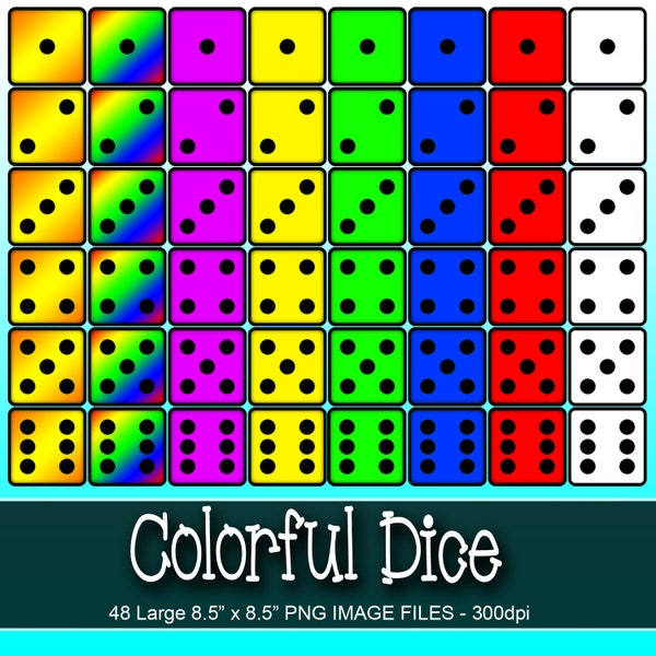 Colorful Dice Clipart Large PNG 300dpi, JPG Dice, Rainbow Dice, Large Printable Dice, Commercial Use Digital