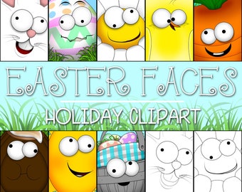Easter Faces Clipart: Bunny, Chick, Egg (PNG, Commercial Use)