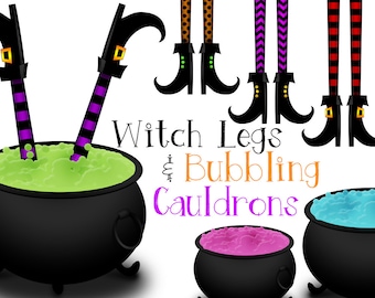 Clipart de pernas de bruxa: caldeirões de Halloween, meias coloridas (PNG)