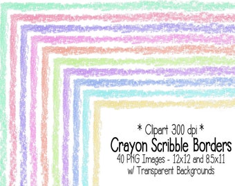 Puede incluir: Un conjunto de 40 bordes digitales de garabatos de crayón en varios colores pastel. Los bordes son de 12x12 pulgadas y 8.5x11 pulgadas con fondos transparentes.