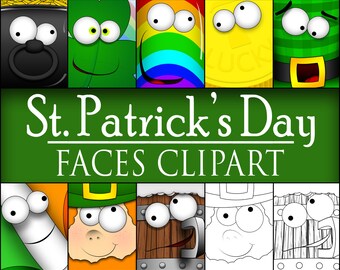 St. Patrick's Day Faces Clipart: Leprechaun, Rainbow, Clover