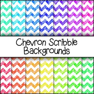 May include: A set of 10 digital paper backgrounds featuring a chevron pattern in a variety of colors, including red, orange, yellow, green, blue, purple, and pink. The chevron pattern is created with a scribble effect, giving the papers a hand-drawn look.  "Chevron Scribble Backgrounds" is written in black text at the top of the image.