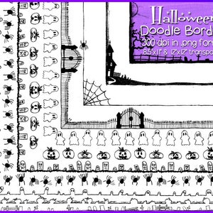 Pode incluir: Um conjunto de bordas de doodle de Halloween em preto e branco com fantasmas, ab&oacute;boras, aranhas e cercas. As bordas s&atilde;o de 300 dpi em formato PNG e medem 8,5 x 11 polegadas e 12 x 12 polegadas.